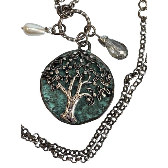 Tree Of Life Pendant Necklace on Blue Enamel Disc Pearl Crystal Charms Silver-To - Picture 2 of 6